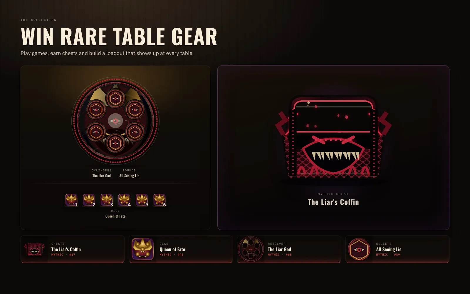 Liar's Dice collection with a mythic chest, decorated revolver, bullets and dice