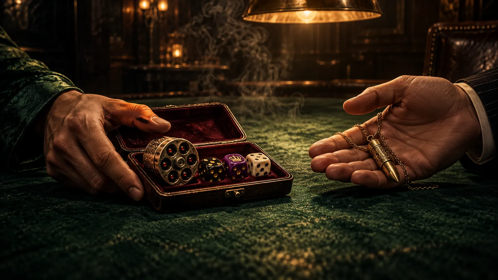 Close-up of a trade over the felt: one hand slides an open case with a cylinder token and three rare dice, the other offers a brass bullet charm