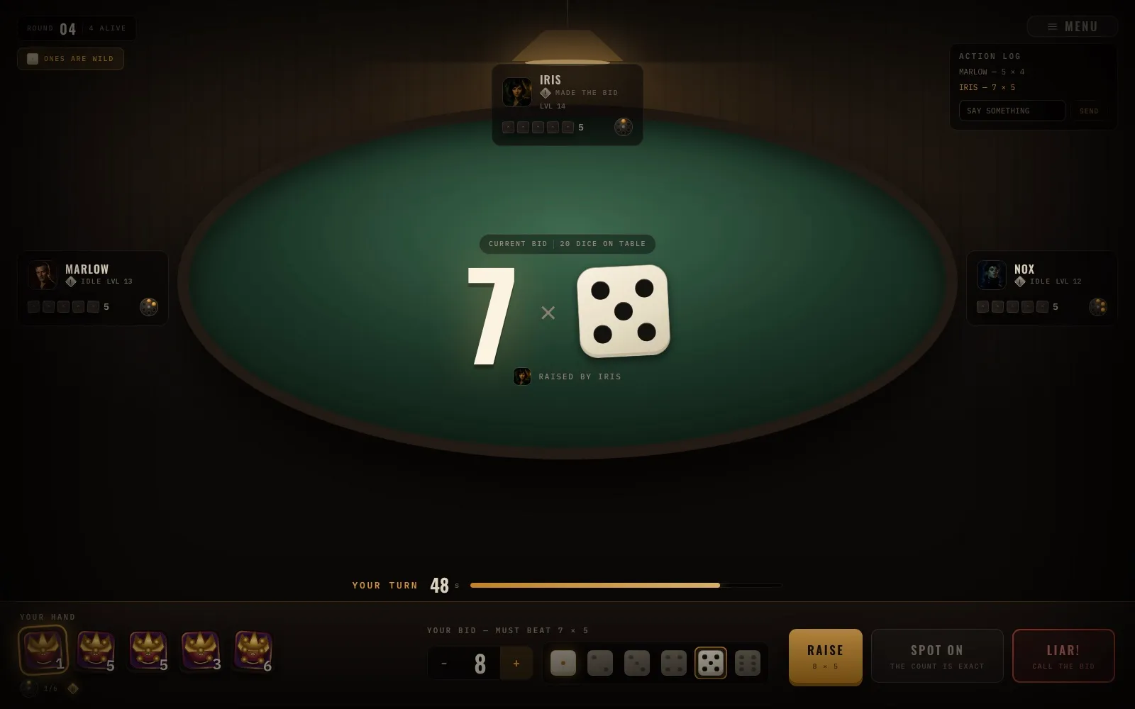 Liar's Dice game table showing a bid of seven fives, four players and a hand of collectible dice