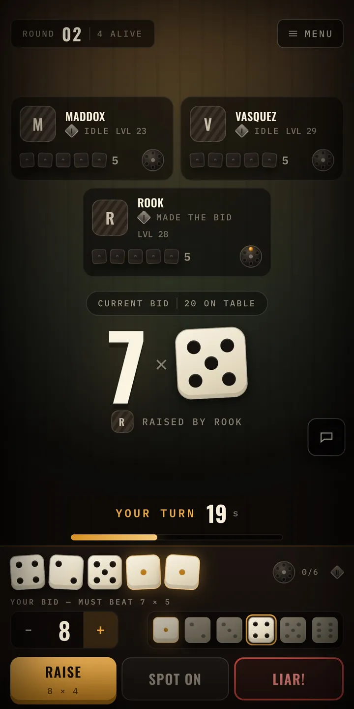 The table on a phone: the bid, your dice and the raise, call and spot-on buttons