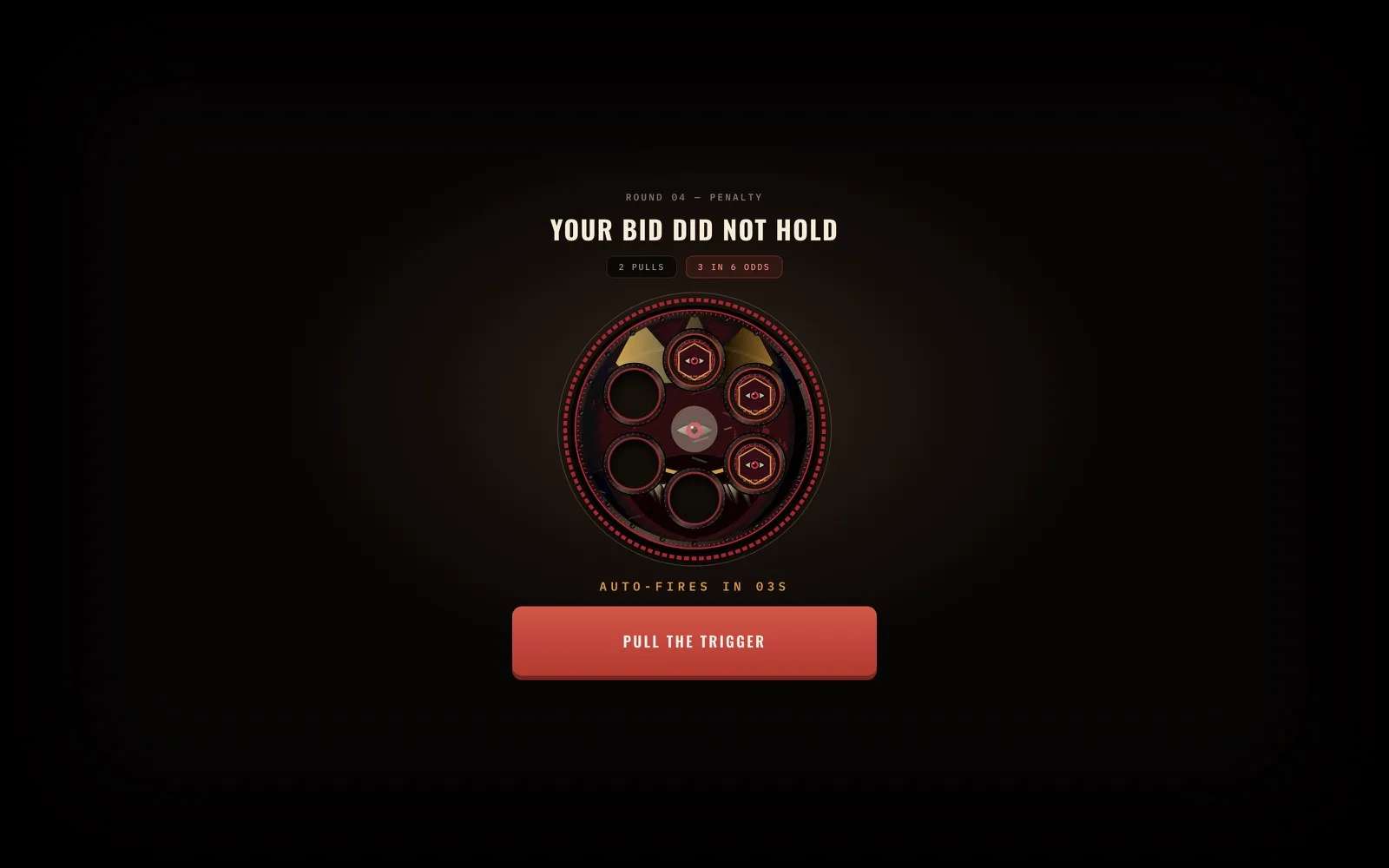 Revolver penalty screen with three loaded chambers and the Pull the trigger button